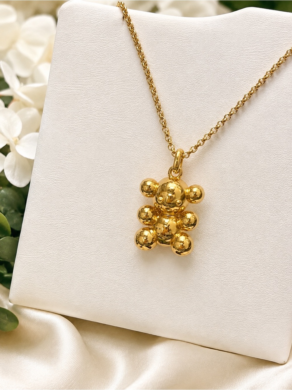 Gold bubble Teddy Bear Pendant Necklace steel fine 316L